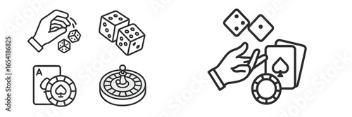 Casino gaming elements featuring dice and cards in vector illustration