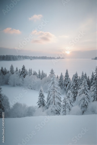 Snow-covered landscape with evergreen trees under a serene sky at sunrise