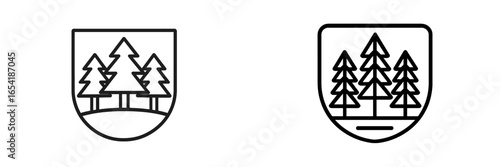 Stylized vector illustrations of trees in isolated decorative shields