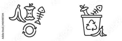 Waste food recycling process with fruits and fish recycling symbols
