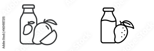 Two simple vector illustrations depict milk bottles alongside fruits