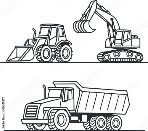 Vector art of construction vehicles including excavator, loader, and dump truck