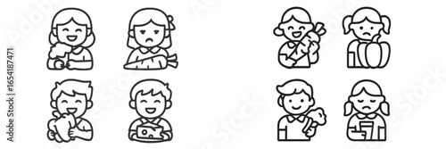 Vector illustration of children expressing emotions with food