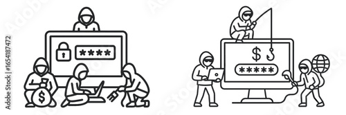 Cybersecurity threats depicted through vector illustrations of hackers