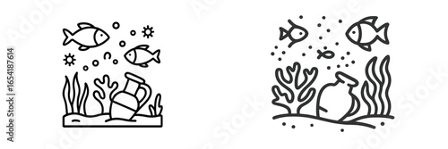 Illustration of underwater scene with fish and ancient artifacts