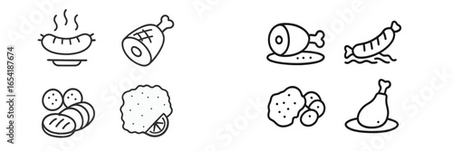 Vector illustration of various meat dishes on plates and platters