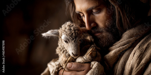 Close-up, portrait of Jesus Christ hugging the lost sheep, Christian symbol. Jesus is the good shepherd willing to give his life for his flock of sheep which represents all humanity. Generative Ai.