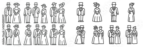 Elegant vintage couples in formal attire for social gatherings