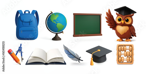 Minimalist 3D vector illustration of school and graduation items. Perfect for educational content, e-learning platforms, and academic design projects.