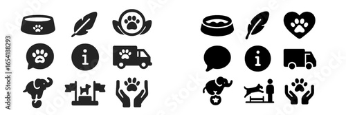 Vector illustration of pet care symbols and activities in black