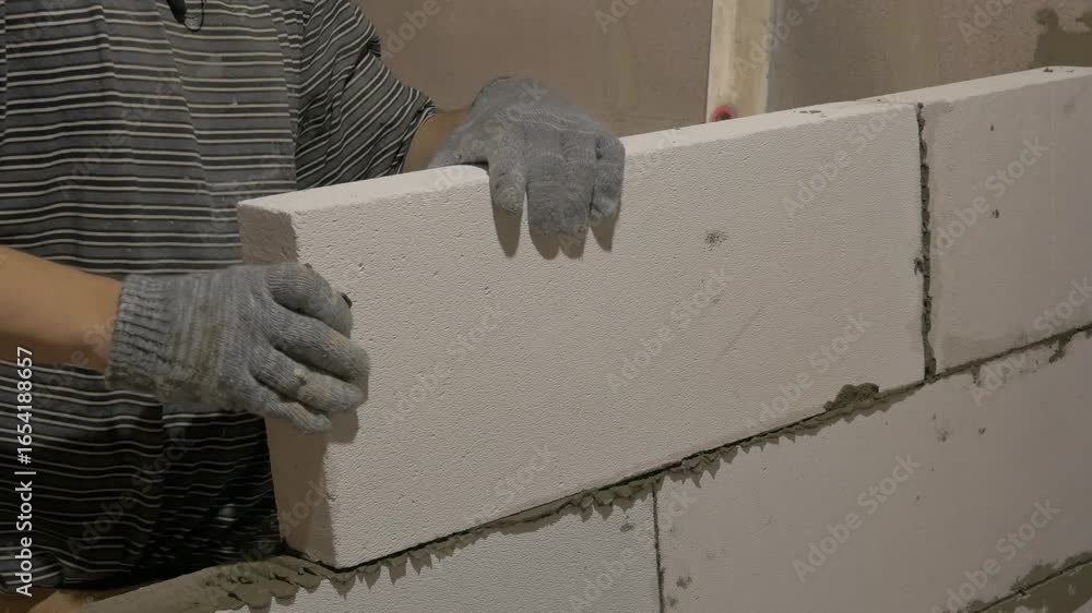 Worker laying foam concrete blocks with precision, applying glue for a ...