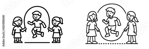 Children engaging in jump rope activity outdoors during daytime