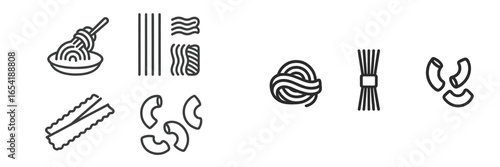 Various pasta shapes and types illustrated in a vector style