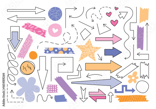 Cute vector set of various arrows, stickers and symbols. Hand drawn icons and graphic elements for editing and decorating, marking, notes, sketching. Bright flat sketches, geometric shapes, figures.