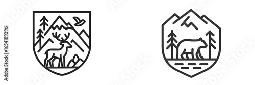 Vector illustration of wildlife symbols in a mountainous landscape