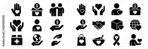 Vector art of diverse charity icons for community support