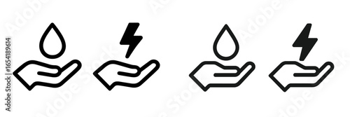 Hands hold water droplets and lightning symbols illustration