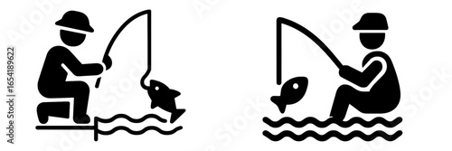 Vector illustration of two fishermen catching fish by the water