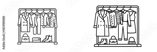 Stylish clothing rack featuring various outfits and accessories