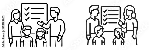 Family discussing checklist for important tasks at home
