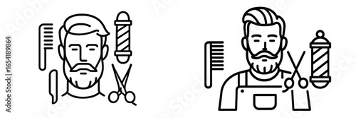 Barber tools and stylish barber with scissors and comb