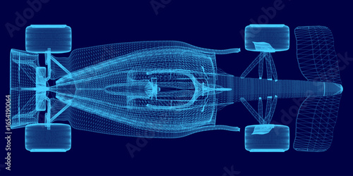 A detailed blueprint of a Formula 1 car showcases the intricate wireframe design on a vibrant blue background. The sportcar's aerodynamic structure, technical components.