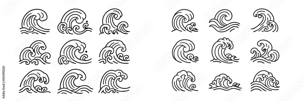 Fototapeta premium Various stylized wave designs showcasing ocean movements and patterns