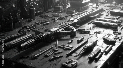 Black and white workbench filled with disassembled rifle and various small parts