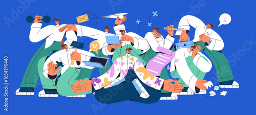 Multitasking concept. Workaholic does multiple businesses and many tasks. Employee is overloaded. Effective office worker with time management. Work and life balance. Flat vector illustration.