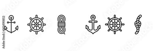 Marine symbols featuring anchors, ropes, and steering wheels
