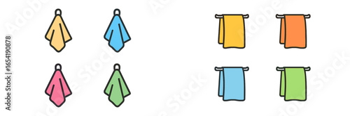 Colorful towels hanging on racks in a neat bathroom setting