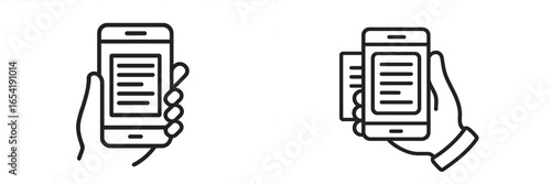 Hands holding smartphone and card with text in a minimalist style