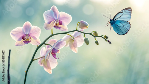 Delicate Orchid Blooms and a Majestic Butterfly