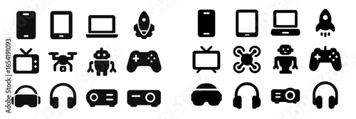 Variety of technology icons in black silhouette style illustration