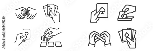 Hands playing card games with chips and deck on white background