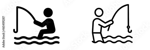 Vector illustration of people fishing in calm waters at sunset