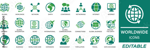 Worldwide Icon Set featuring solid vector icons. Includes symbols for world, global, international network, sphere, and planet. Ideal for web, apps, maps, and global communication designs.