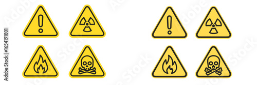 Warning symbols representing various hazards in yellow vector design