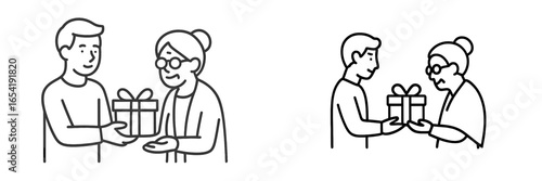 Interaction between a young man and an elderly woman exchanging gifts
