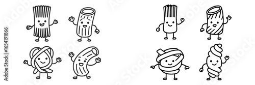 Fun cartoon pasta characters dancing and celebrating in a happy scene