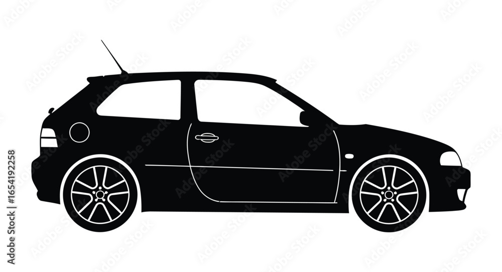 Fototapeta premium Side view of a black hatchback car with two doors and visible wheels on a white background image vector