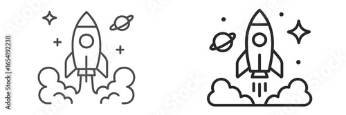 Rocket launch in outer space with planets and stars in background