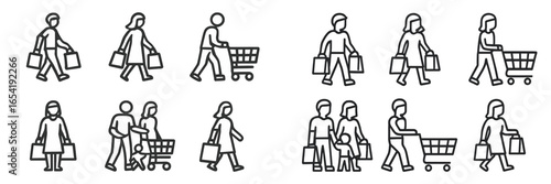 Vector illustration of people shopping with carts and bags