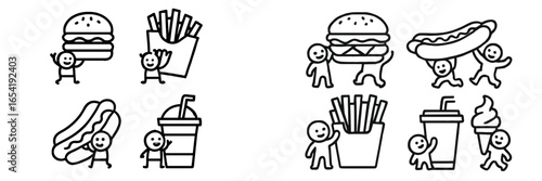 Fast food fun with joyful characters enjoying classic snacks