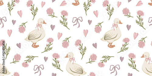 Cute floral goose seamless pattern with bow ribbon and heart. Coquette design with carnation flower. Pastel background for textile and wallpaper. Also good for baby fabric and wrapping paper.