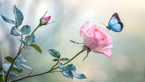 Delicate Butterfly and Rose in Soft Pastel Hues