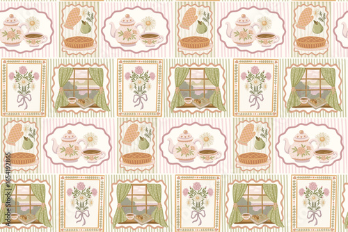 Seamless pattern of retro home picture scene with bouquet and window on striped background. Hand drawn coquette poster. Great for kitchen textile and wallpaper. Perfect for bed linen and kids decor.