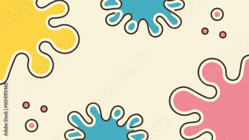 Bright and playful abstract vector background with colorful blobs and doodle shapes, yellow, pink, blue colors, flat cartoonish style, designed for business card, with space for text and logo
