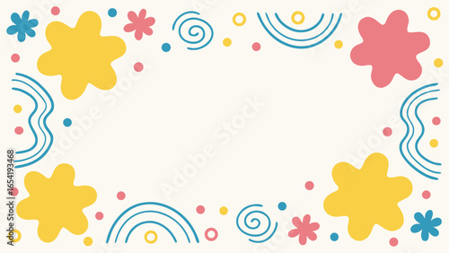 Bright and playful abstract vector background with colorful blobs and doodle shapes, yellow, pink, blue colors, flat cartoonish style, designed for business card, with space for text and logo
