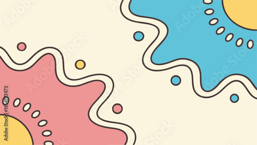 Bright and playful abstract vector background with colorful blobs and doodle shapes, yellow, pink, blue colors, flat cartoonish style, designed for business card, with space for text and logo
